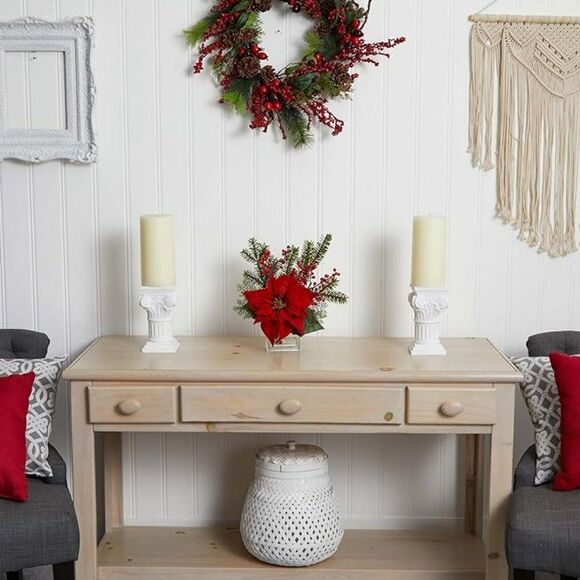 Nearly Natural Poinsettia,  Pine & Berries in Vase Artificial Arrangement - Picture 3 of 3